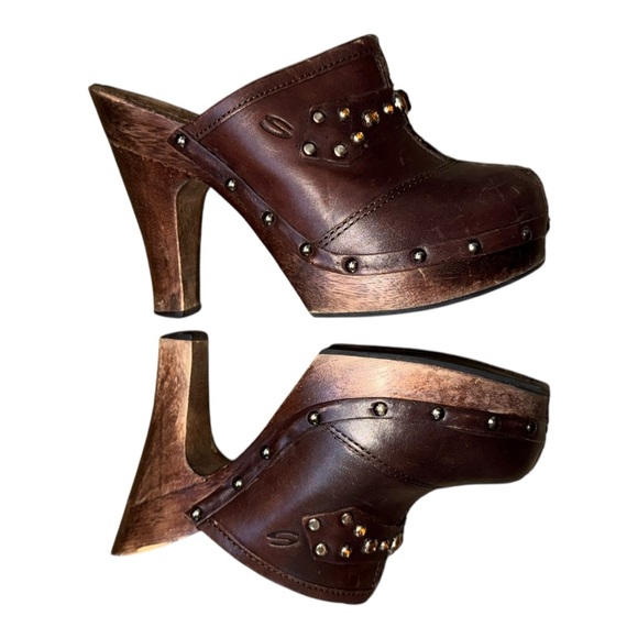 Skechers Shoes - VTG 90s Sketchers Platform Heel Mule Clog Brown Leather Studded wooden Retro 7
